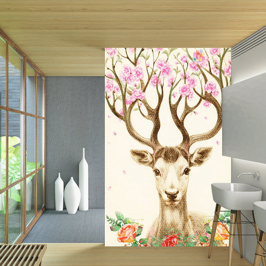 Artistry Girls Wall Mural with Flower on Deer Antler Drawing Pattern Beige Wall Covering for Decor Clearhalo 'Wall Decor' 'Wall Mural' 1186231