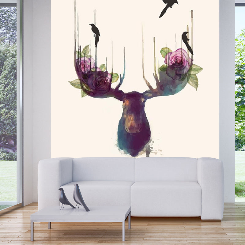 Beautiful Purple-Blue Elk Mural Wallpaper for Bedroom Decoration, Made by Non-Woven Cloth Purplish Blue Clearhalo 'Wall Decor' 'Wall Mural' 1186254