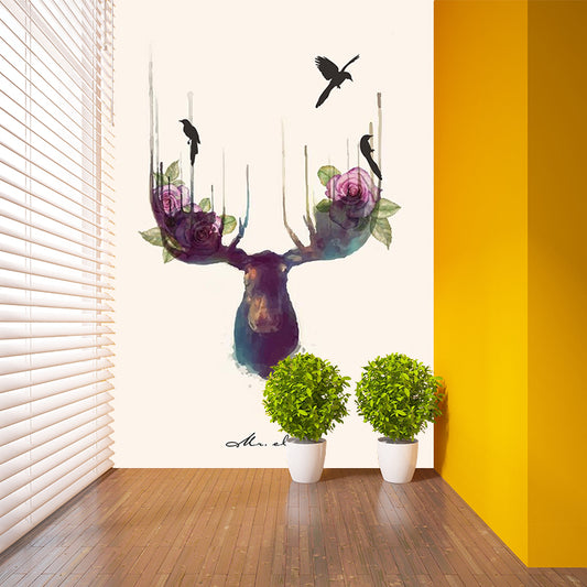 Beautiful Purple-Blue Elk Mural Wallpaper for Bedroom Decoration, Made by Non-Woven Cloth Clearhalo 'Wall Decor' 'Wall Mural' 1186255