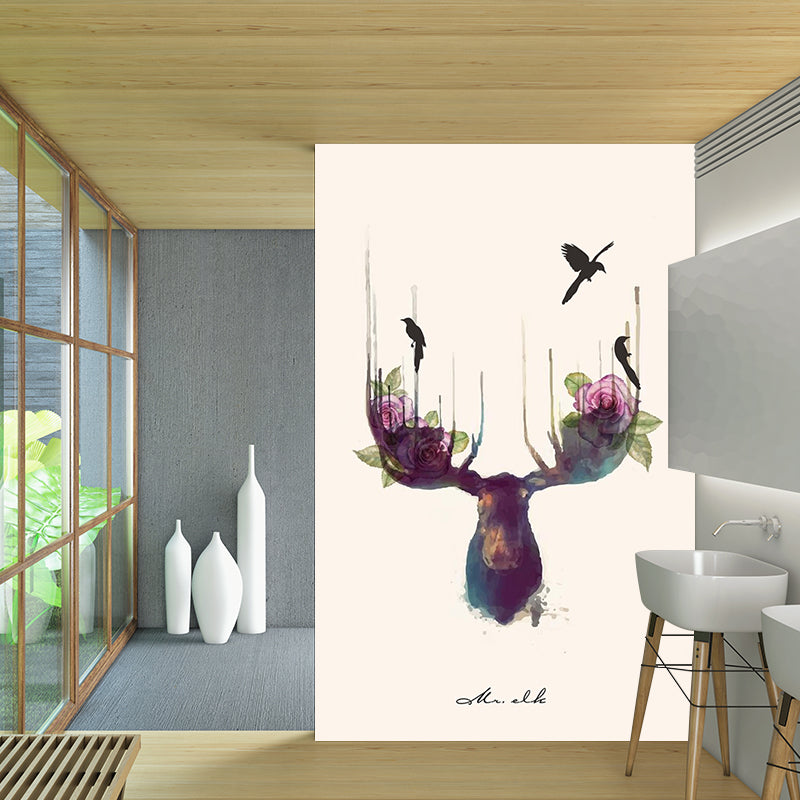 Beautiful Purple-Blue Elk Mural Wallpaper for Bedroom Decoration, Made by Non-Woven Cloth Clearhalo 'Wall Decor' 'Wall Mural' 1186256