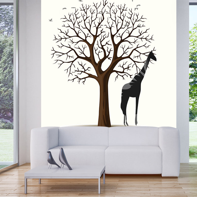 Whole Minimalist Wall Murals Black and White Giraffe with Bare Tree Painting Wall Decor, Custom Made Black-White Clearhalo 'Wall Decor' 'Wall Mural' 1186259