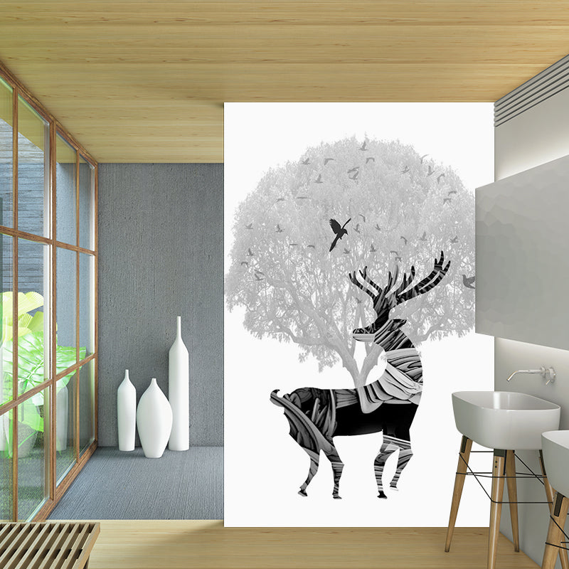 Black-White Artistic Mural Decal Full Size Deer and Tree Pattern Wall Covering for Bedroom Black-White B Clearhalo 'Wall Decor' 'Wall Mural' 1186274