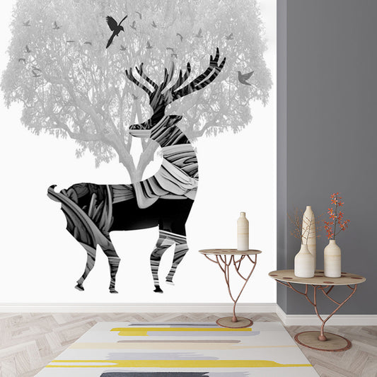 Black-White Artistic Mural Decal Full Size Deer and Tree Pattern Wall Covering for Bedroom Clearhalo 'Wall Decor' 'Wall Mural' 1186275