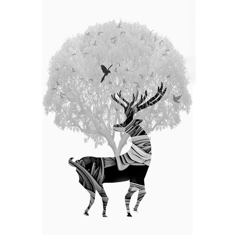 Black-White Artistic Mural Decal Full Size Deer and Tree Pattern Wall Covering for Bedroom Clearhalo 'Wall Decor' 'Wall Mural' 1186277