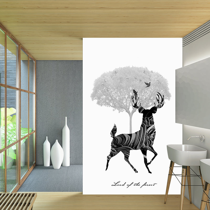 Black-White Artistic Mural Decal Full Size Deer and Tree Pattern Wall Covering for Bedroom Black-White A Clearhalo 'Wall Decor' 'Wall Mural' 1186279