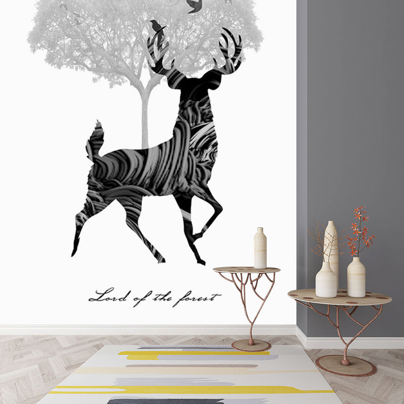 Black-White Artistic Mural Decal Full Size Deer and Tree Pattern Wall Covering for Bedroom Clearhalo 'Wall Decor' 'Wall Mural' 1186280