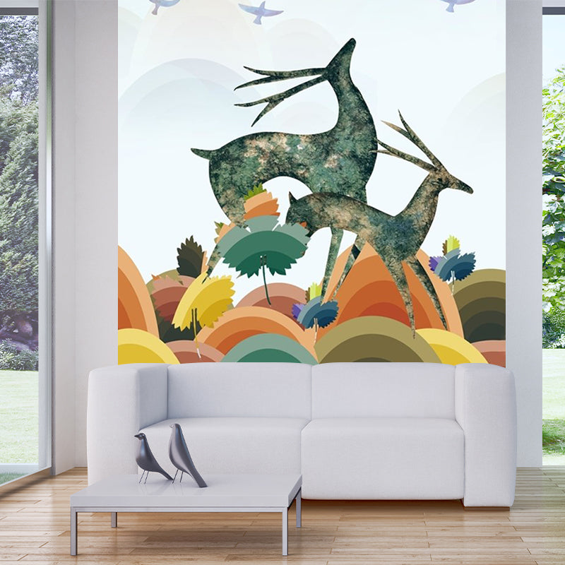 Art Deco Deer Mural Wallpaper for Living Room Customized Wall Covering in Blue-Orange-Yellow Blue-Orange-Yellow A Clearhalo 'Wall Decor' 'Wall Mural' 1186304