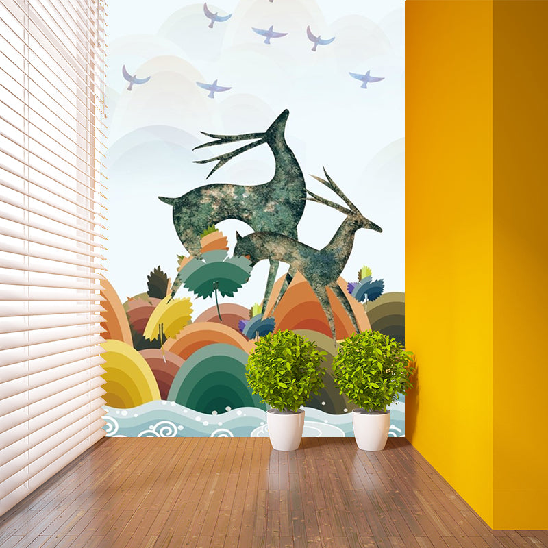 Art Deco Deer Mural Wallpaper for Living Room Customized Wall Covering in Blue-Orange-Yellow Clearhalo 'Wall Decor' 'Wall Mural' 1186305