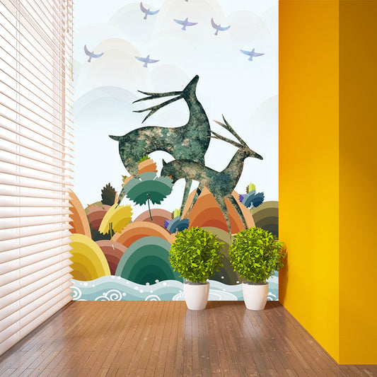 Art Deco Deer Mural Wallpaper for Living Room Customized Wall Covering in Blue-Orange-Yellow Clearhalo 'Wall Decor' 'Wall Mural' 1186305