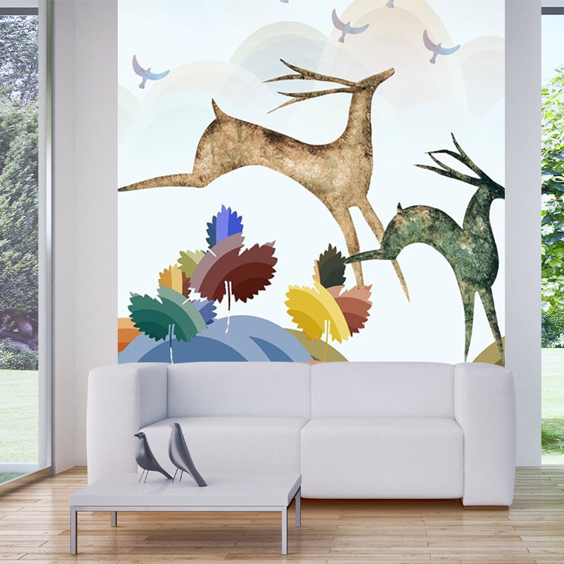 Art Deco Deer Mural Wallpaper for Living Room Customized Wall Covering in Blue-Orange-Yellow Blue-Orange-Yellow B Clearhalo 'Wall Decor' 'Wall Mural' 1186309