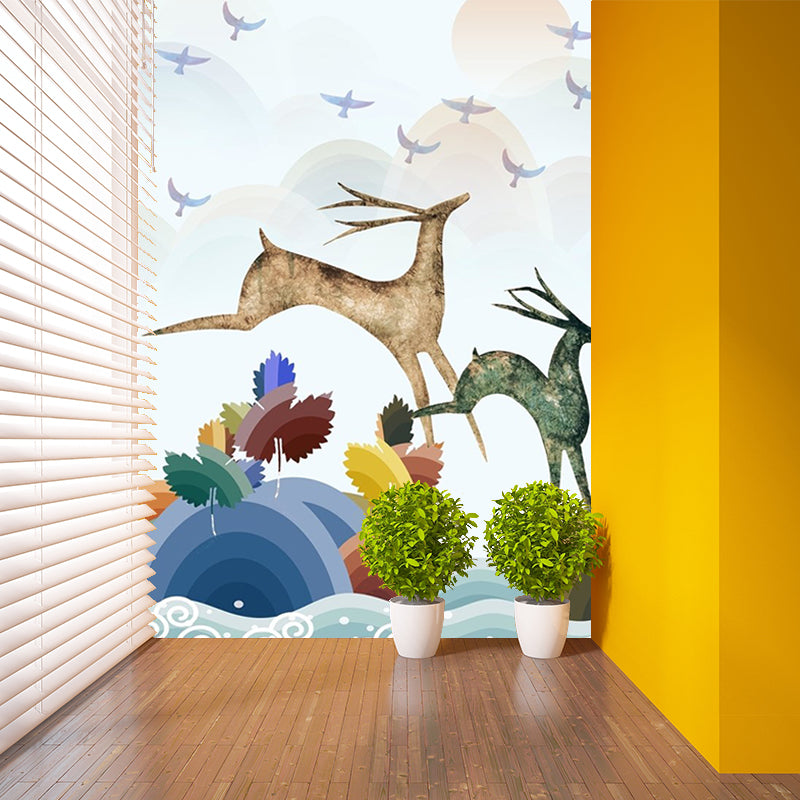 Art Deco Deer Mural Wallpaper for Living Room Customized Wall Covering in Blue-Orange-Yellow Clearhalo 'Wall Decor' 'Wall Mural' 1186310