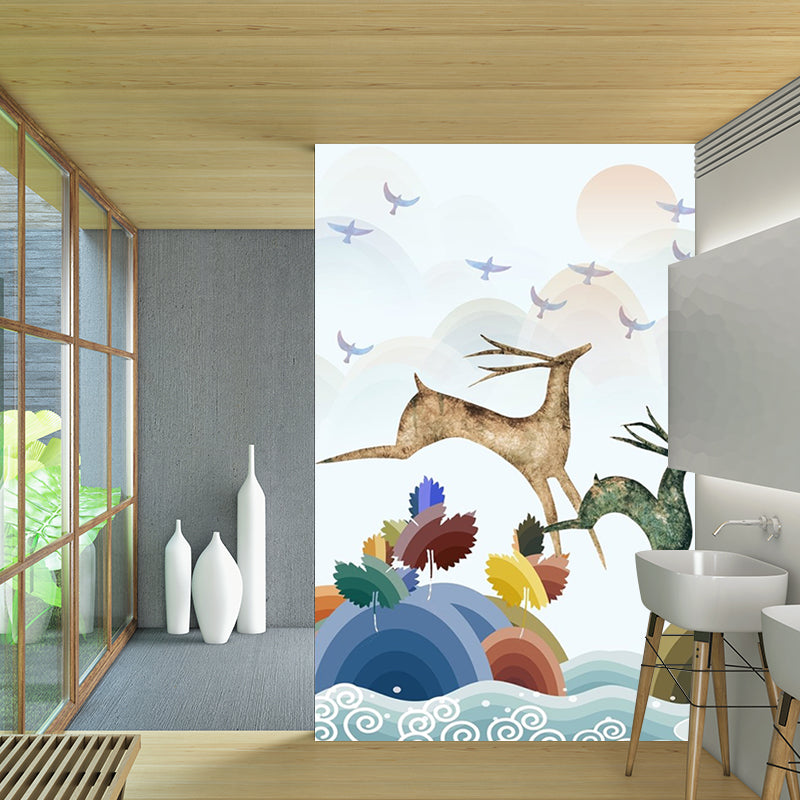 Art Deco Deer Mural Wallpaper for Living Room Customized Wall Covering in Blue-Orange-Yellow Clearhalo 'Wall Decor' 'Wall Mural' 1186311