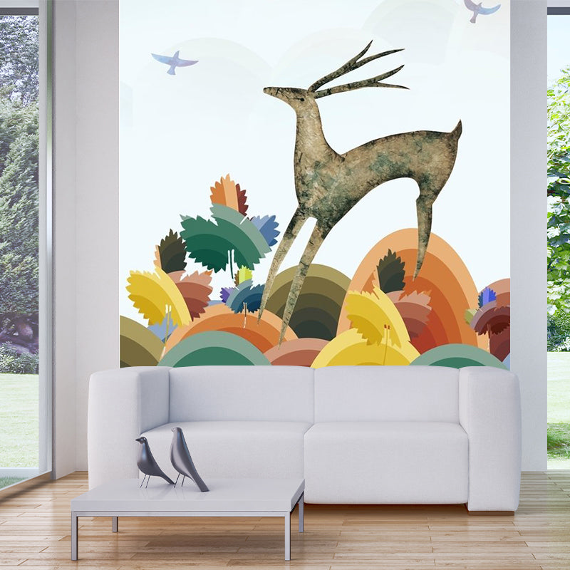 Art Deco Deer Mural Wallpaper for Living Room Customized Wall Covering in Blue-Orange-Yellow Blue-Orange-Yellow C Clearhalo 'Wall Decor' 'Wall Mural' 1186314