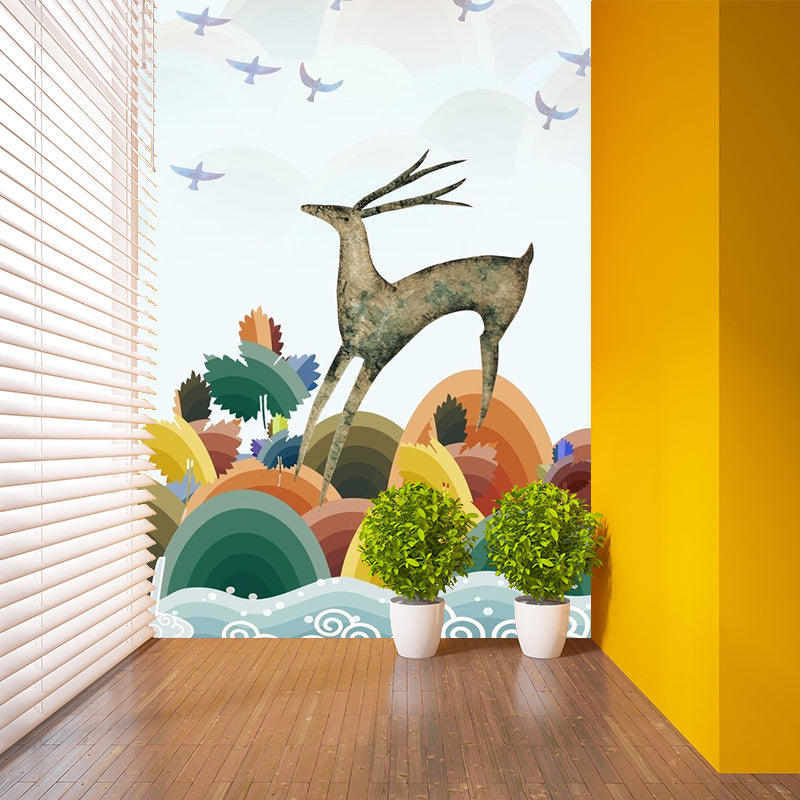 Art Deco Deer Mural Wallpaper for Living Room Customized Wall Covering in Blue-Orange-Yellow Clearhalo 'Wall Decor' 'Wall Mural' 1186315