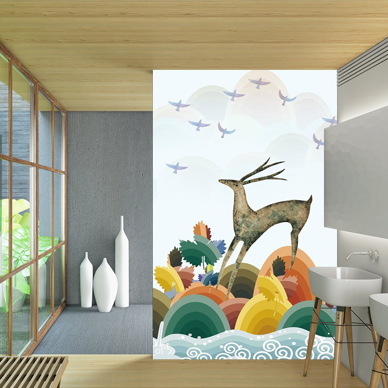 Art Deco Deer Mural Wallpaper for Living Room Customized Wall Covering in Blue-Orange-Yellow Clearhalo 'Wall Decor' 'Wall Mural' 1186316