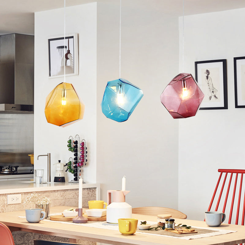 Faceted Grey/Orange/Purple Glass Pendant Lighting Contemporary 1 Light Dining Room Led Hanging Lamp Fixture Clearhalo 'Ceiling Lights' 'Glass shade' 'Glass' 'Modern Pendants' 'Modern' 'Pendant Lights' 'Pendants' Lighting' 118641