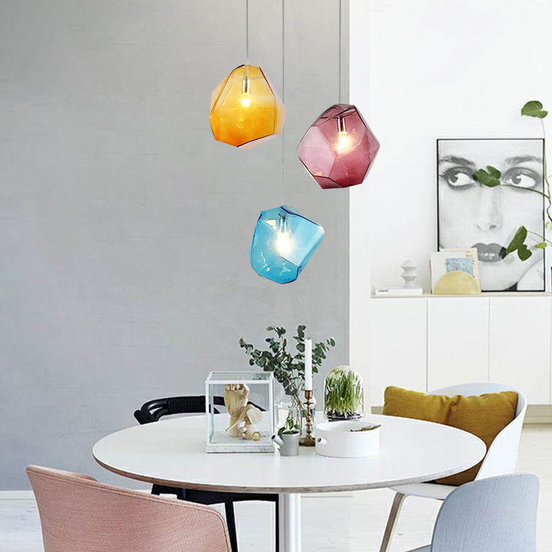 Faceted Grey/Orange/Purple Glass Pendant Lighting Contemporary 1 Light Dining Room Led Hanging Lamp Fixture Clearhalo 'Ceiling Lights' 'Glass shade' 'Glass' 'Modern Pendants' 'Modern' 'Pendant Lights' 'Pendants' Lighting' 118642