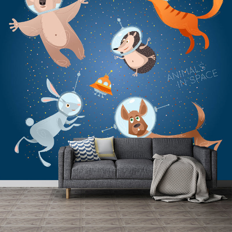 Animals in Space Murals Decal Childrens Art Waterproof Baby Bedroom Wall Decor, Full Size Orange-Blue Clearhalo 'Wall Decor' 'Wall Mural' 1186444