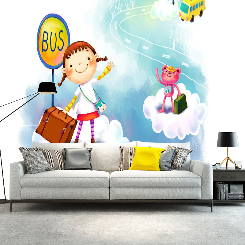 Whole Bus Stop Murals Decal Kids Style Fantasy Little Girl Wall Decor in Blue and White Blue-White Clearhalo 'Wall Decor' 'Wall Mural' 1186454