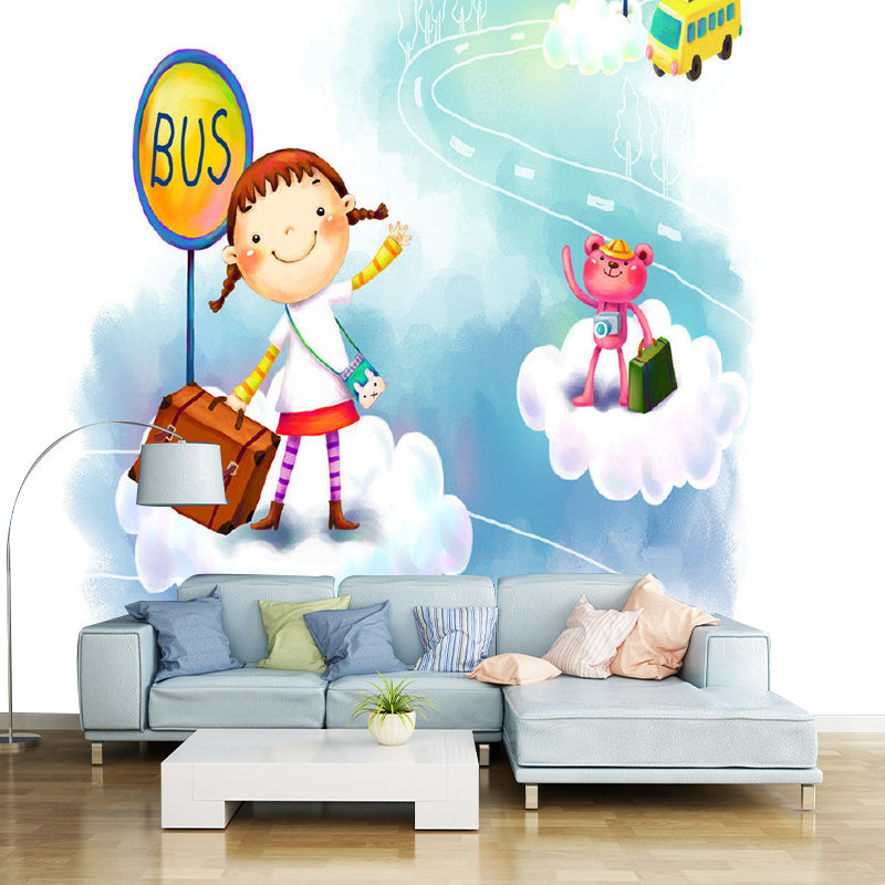 Whole Bus Stop Murals Decal Kids Style Fantasy Little Girl Wall Decor in Blue and White Clearhalo 'Wall Decor' 'Wall Mural' 1186455