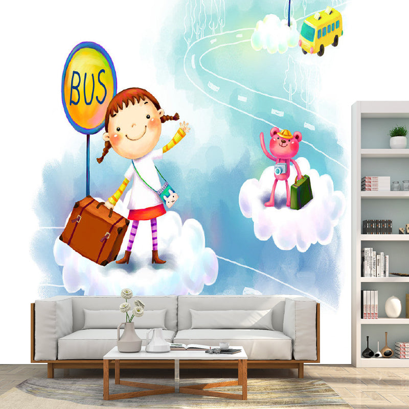 Whole Bus Stop Murals Decal Kids Style Fantasy Little Girl Wall Decor in Blue and White Clearhalo 'Wall Decor' 'Wall Mural' 1186456