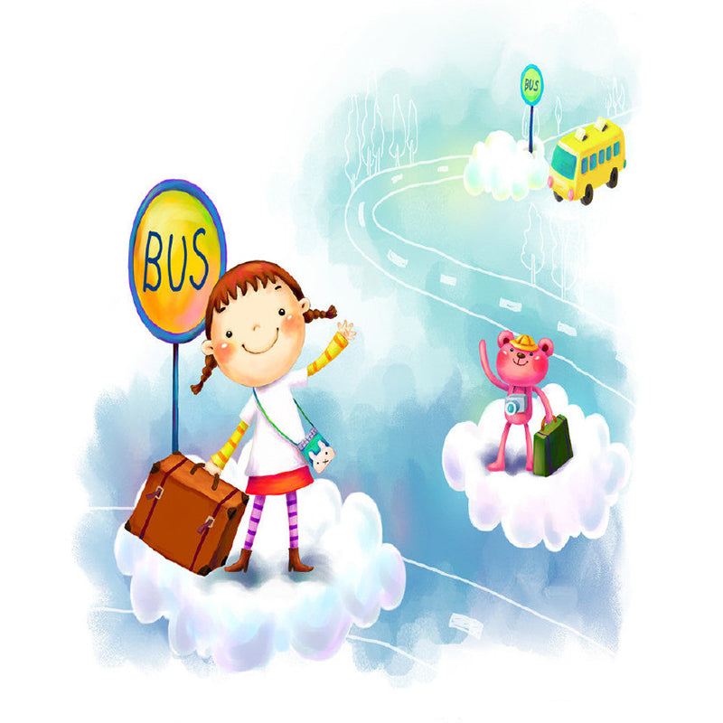 Whole Bus Stop Murals Decal Kids Style Fantasy Little Girl Wall Decor in Blue and White Clearhalo 'Wall Decor' 'Wall Mural' 1186457