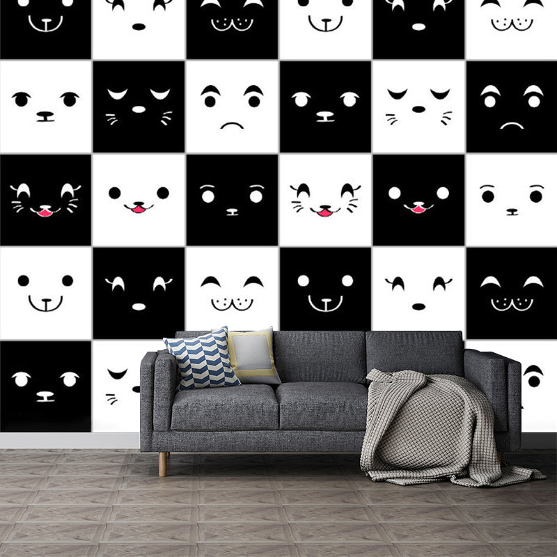 White and Black Grid Murals for Wall Expression of Animals Cartoon Eco-Friendly Wall Art Black-White Clearhalo 'Wall Decor' 'Wall Mural' 1186494