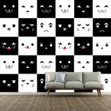 White and Black Grid Murals for Wall Expression of Animals Cartoon Eco-Friendly Wall Art Clearhalo 'Wall Decor' 'Wall Mural' 1186495