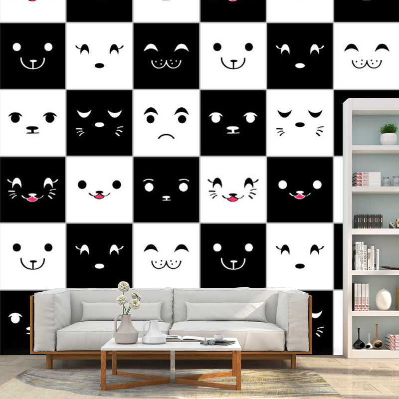 White and Black Grid Murals for Wall Expression of Animals Cartoon Eco-Friendly Wall Art Clearhalo 'Wall Decor' 'Wall Mural' 1186496