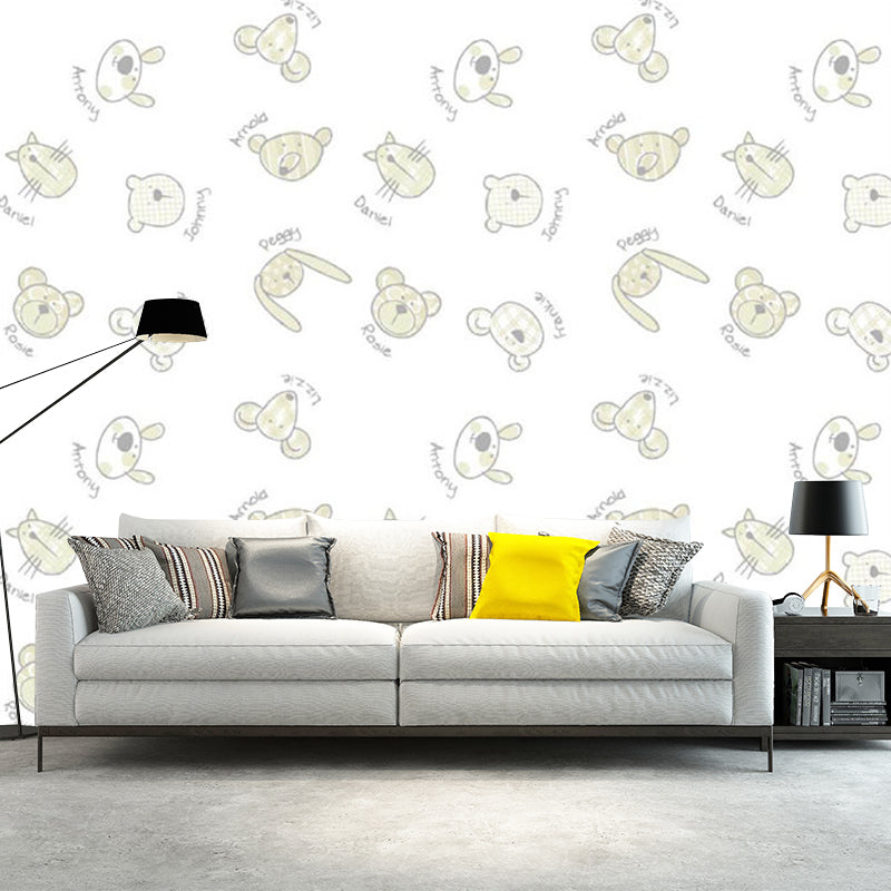 Animal Heads Wall Paper Murals Cartoon Waterproofing Kids Bedroom Wall Decor, Full Size White Clearhalo 'Wall Decor' 'Wall Mural' 1186504