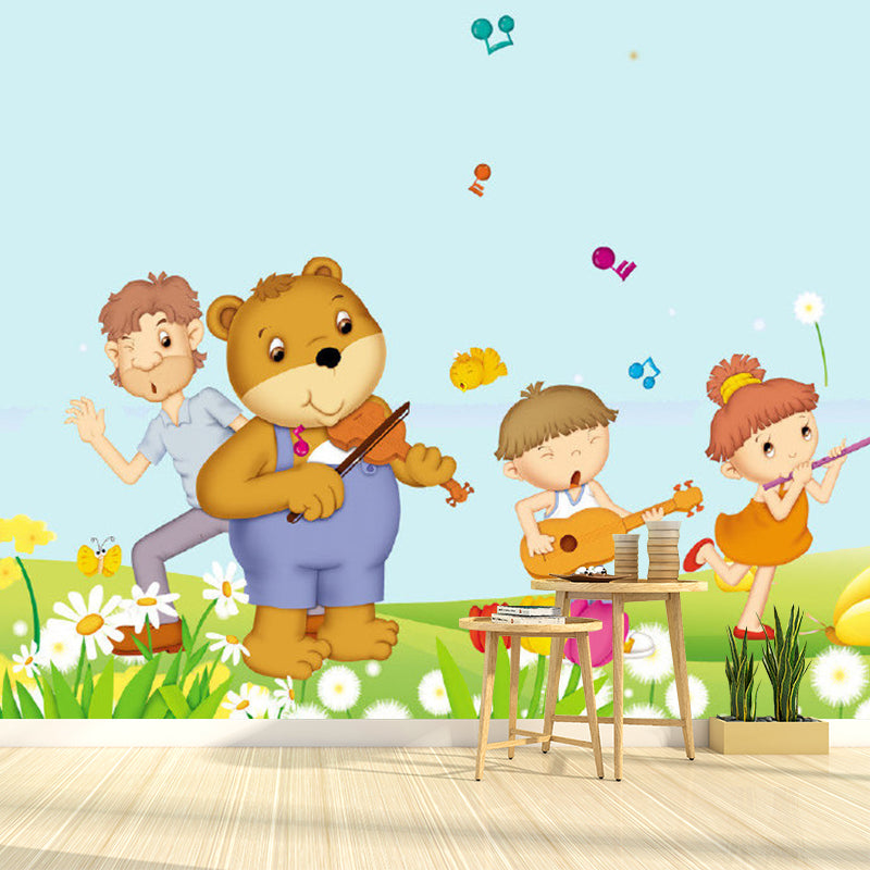 Yellow Cartoon Style Murals Whole Kids and Bear Playing Musical Instruments Wall Art for Bedroom Yellow Clearhalo 'Wall Decor' 'Wall Mural' 1186599