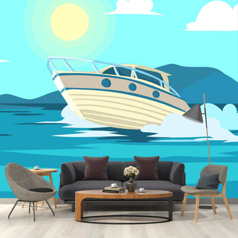 Yacht on Sea Murals for Wall Waterproof Bathroom Wall Covering, Customize Size Available Clearhalo 'Wall Decor' 'Wall Mural' 1186615