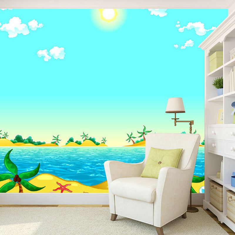 Blue and Yellow Beach Murals Wallpaper Waterproofing Cartoon Bathroom Wall Decor Clearhalo 'Wall Decor' 'Wall Mural' 1186657