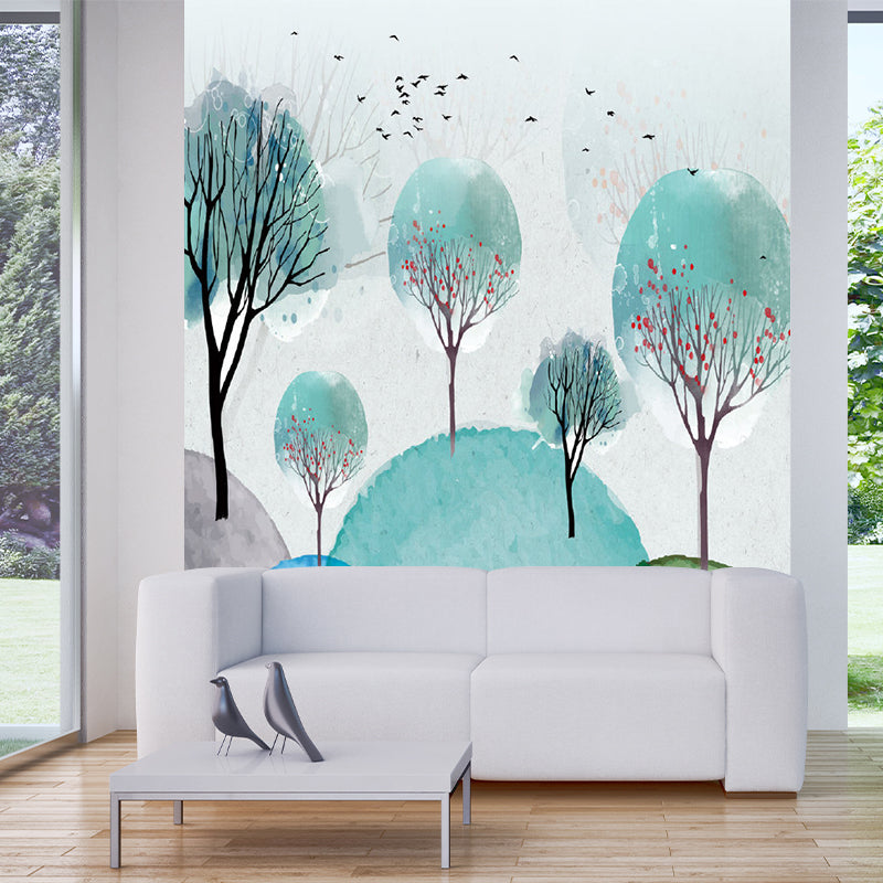 Blue and Green Murals Trees Childrens Art Waterproof Wall Covering for Accent Wall Blue-Green Clearhalo 'Wall Decor' 'Wall Mural' 1186893