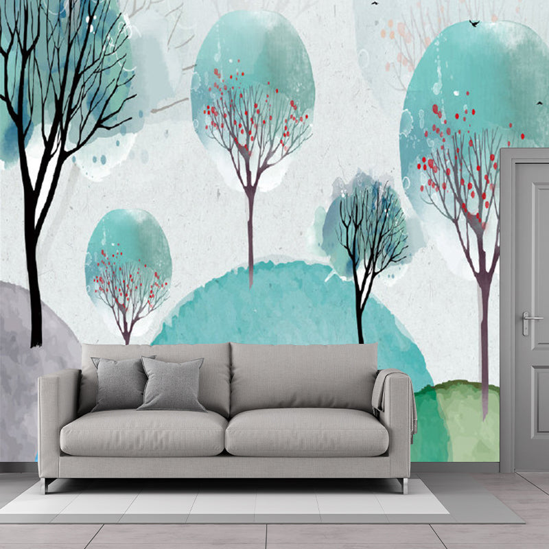 Blue and Green Murals Trees Childrens Art Waterproof Wall Covering for Accent Wall Clearhalo 'Wall Decor' 'Wall Mural' 1186894