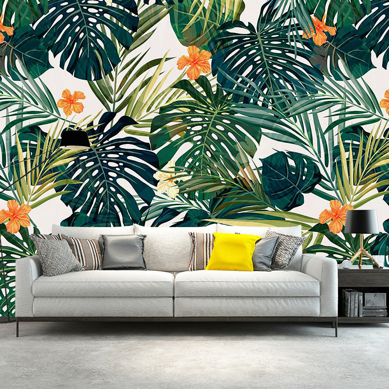 Tropics Leaf and Flower Mural Wallpaper for Living Room Personalized Wall Decor in Orange-Green Orange-Green Clearhalo 'Wall Decor' 'Wall Mural' 1186933