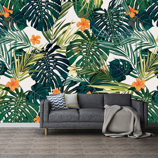 Tropics Leaf and Flower Mural Wallpaper for Living Room Personalized Wall Decor in Orange-Green Clearhalo 'Wall Decor' 'Wall Mural' 1186934