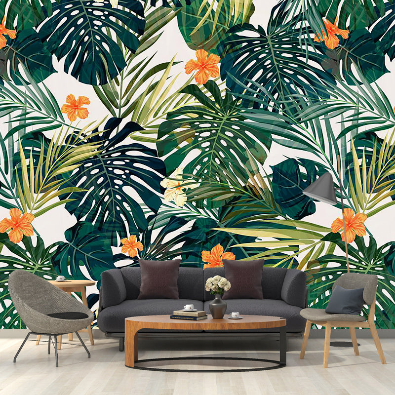 Tropics Leaf and Flower Mural Wallpaper for Living Room Personalized Wall Decor in Orange-Green Clearhalo 'Wall Decor' 'Wall Mural' 1186935