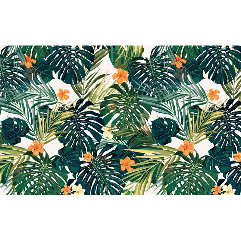 Tropics Leaf and Flower Mural Wallpaper for Living Room Personalized Wall Decor in Orange-Green Clearhalo 'Wall Decor' 'Wall Mural' 1186936