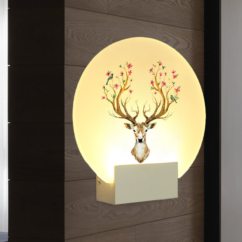 Circular Guest Room Elk Deer Mural Light Acrylic LED Oriental Style Wall Light Fixture in White White Clearhalo 'Wall Lamps & Sconces' 'Wall Lights' Lighting' 1192491