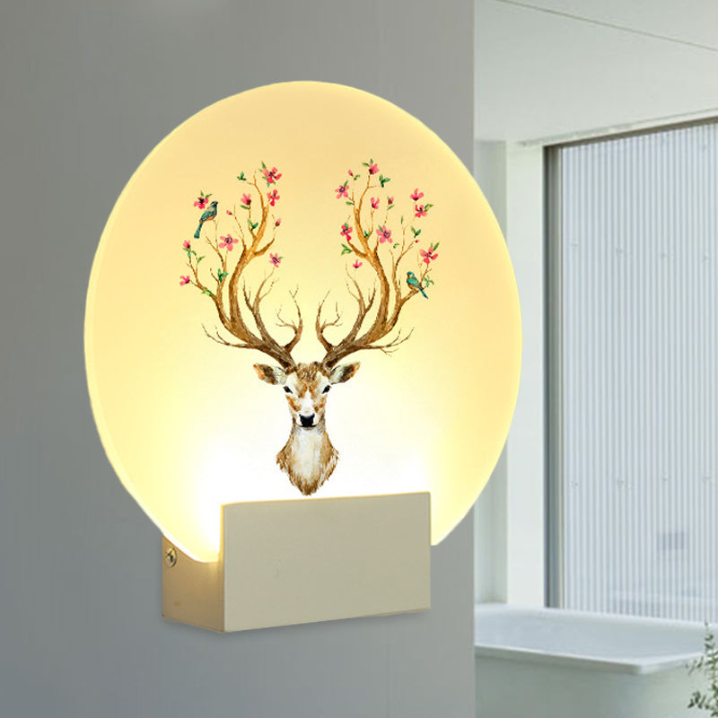 Circular Guest Room Elk Deer Mural Light Acrylic LED Oriental Style Wall Light Fixture in White Clearhalo 'Wall Lamps & Sconces' 'Wall Lights' Lighting' 1192492