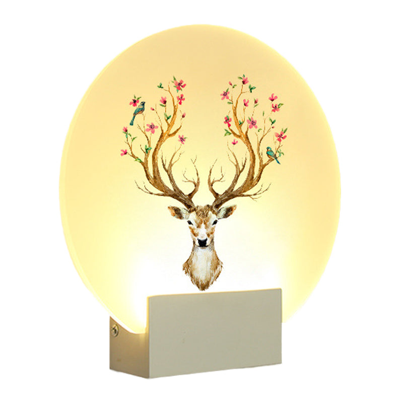 Circular Guest Room Elk Deer Mural Light Acrylic LED Oriental Style Wall Light Fixture in White Clearhalo 'Wall Lamps & Sconces' 'Wall Lights' Lighting' 1192493