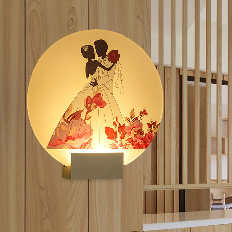 White Circular Romantic Couple Wall Lighting Asia Style LED Acrylic Wall Mural Lamp for Wedding Room Clearhalo 'Wall Lamps & Sconces' 'Wall Lights' Lighting' 1192500