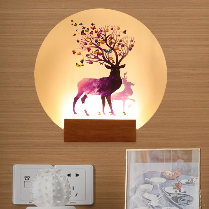 Acrylic Circular Elk Patterned Wall Light Fixture Chinese Style LED Wood Mural Lamp for Bedroom Wood Clearhalo 'Wall Lamps & Sconces' 'Wall Lights' Lighting' 1192565