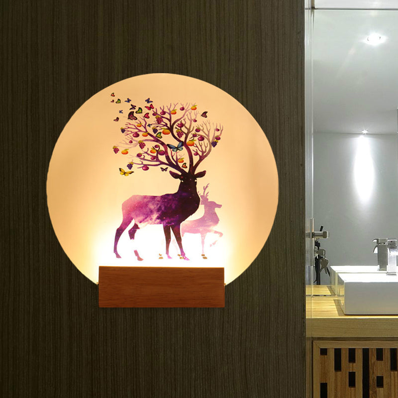 Acrylic Circular Elk Patterned Wall Light Fixture Chinese Style LED Wood Mural Lamp for Bedroom Clearhalo 'Wall Lamps & Sconces' 'Wall Lights' Lighting' 1192566