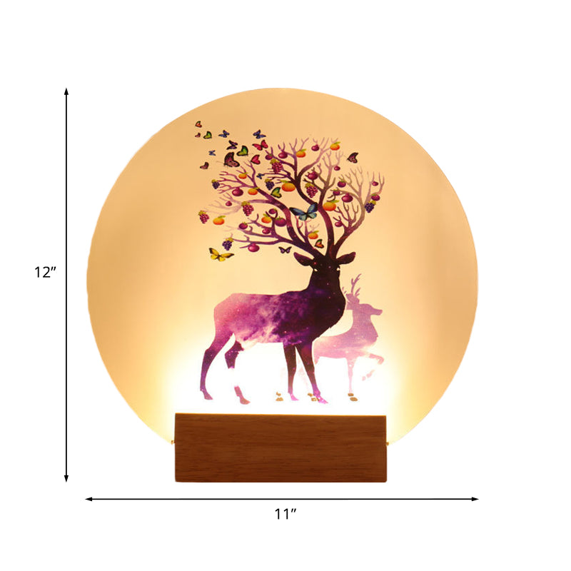 Acrylic Circular Elk Patterned Wall Light Fixture Chinese Style LED Wood Mural Lamp for Bedroom Clearhalo 'Wall Lamps & Sconces' 'Wall Lights' Lighting' 1192568