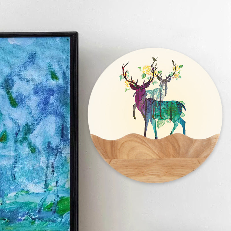 Oriental Circular Acrylic Wall Mount Light LED Mural Light in Wood with Elk Deer Pattern Wood Clearhalo 'Wall Lamps & Sconces' 'Wall Lights' Lighting' 1192569