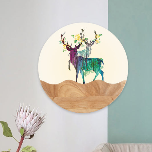 Oriental Circular Acrylic Wall Mount Light LED Mural Light in Wood with Elk Deer Pattern Clearhalo 'Wall Lamps & Sconces' 'Wall Lights' Lighting' 1192570