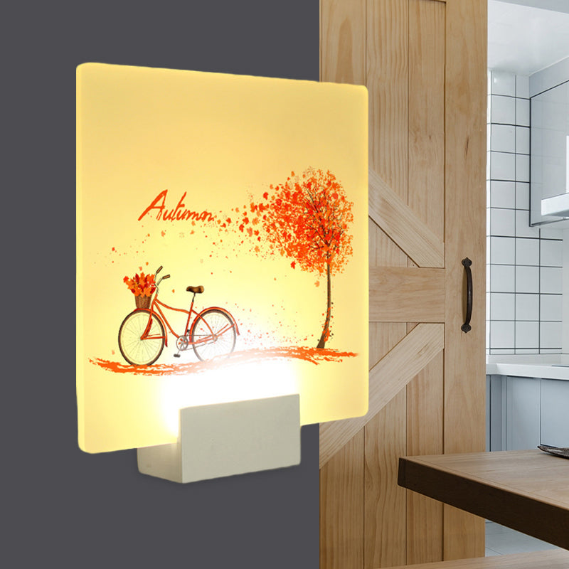 Square Autumn Tree and Bicycle Mural Lamp Chinese Acrylic LED White Wall Mounted Lighting White Clearhalo 'Wall Lamps & Sconces' 'Wall Lights' Lighting' 1192577