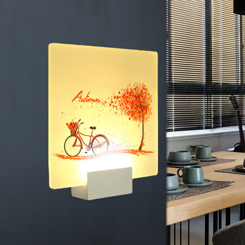 Square Autumn Tree and Bicycle Mural Lamp Chinese Acrylic LED White Wall Mounted Lighting Clearhalo 'Wall Lamps & Sconces' 'Wall Lights' Lighting' 1192578